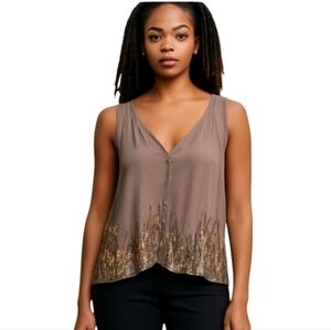 Taupe Neutral Sheer Sleeveless Top Gold Sequin Accents Bella Swan Vibes Sz m